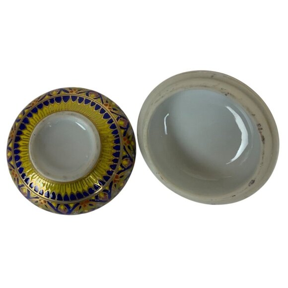 Thai Benjarong Porcelain Bowl Trinket Dish with Lid Hand Painted Blue Gold - Picture 6 of 6